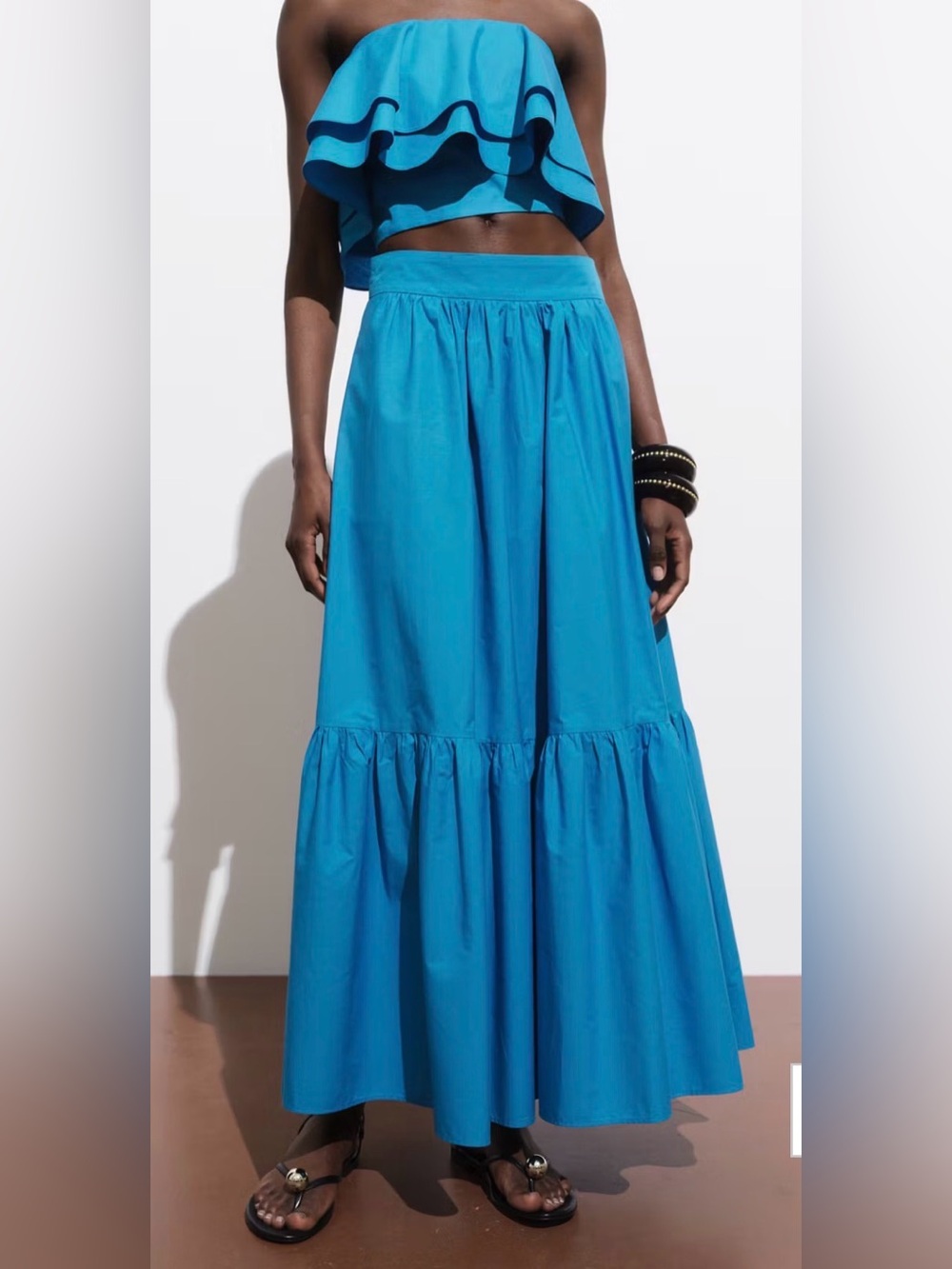 MANGO cerulean blue ruffle crop top maxi skirt set 100% cotton small